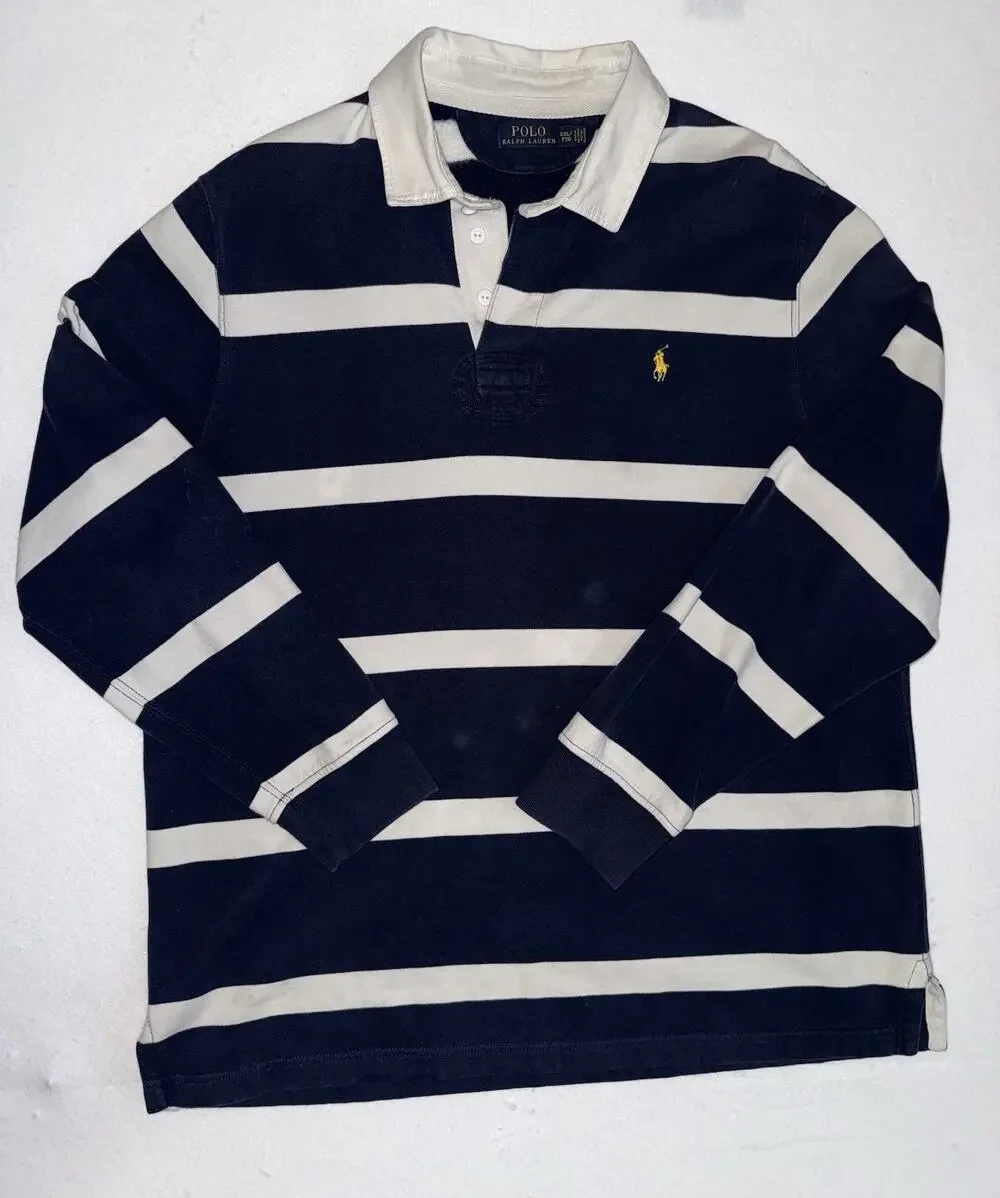 Polo Ralph Lauren Rugby Shirt Mens XXL Navy White Stripe Brushed Fleece Cotton